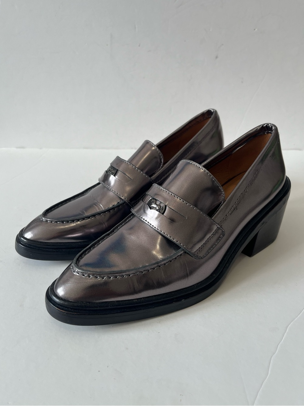 Coach Heath mirror Metallic gunmetal Leather Heeled Block Penny Loafers size 7B